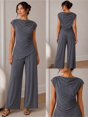 Draped Cap-Sleeve Wide-Leg Set - Size Lg - Gray
